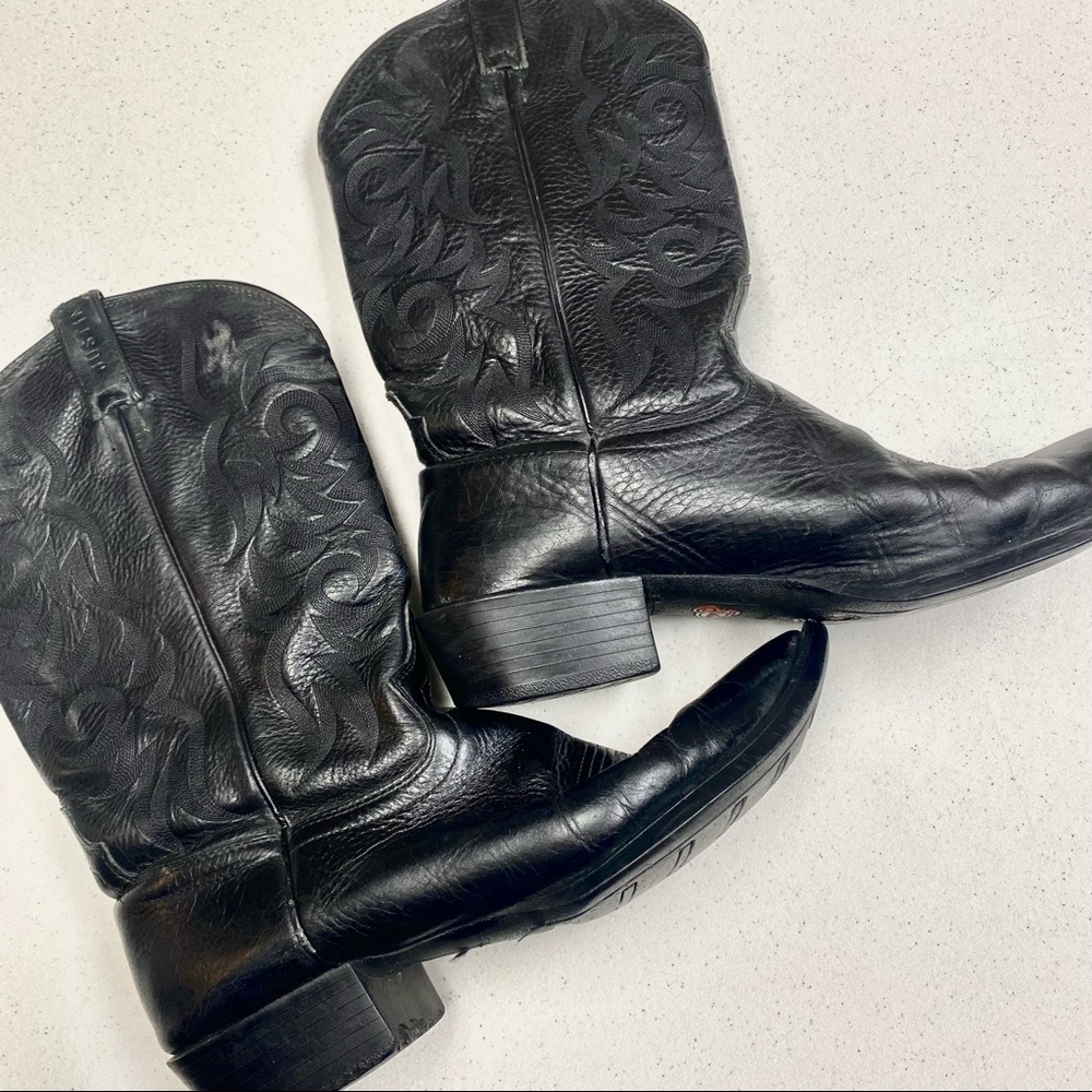 Justin Boots Black Leather Cowboy Boots Round Toe Size 12 Style 2553